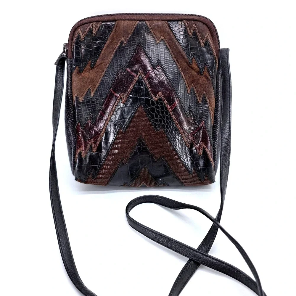 Vintage Sharif‎ Crossbody Bag Patchwork Leather Suede Brown Black Snake USA 80s